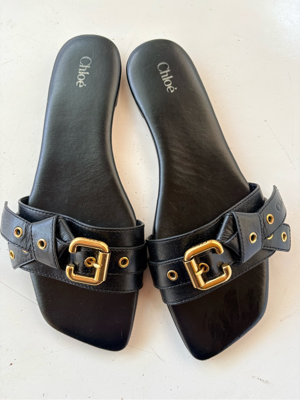 Chloe Black Leather Buckle Slide Sandals